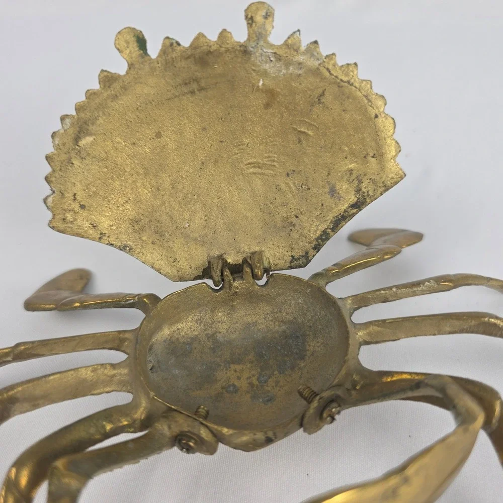 Vintage Brass Crab Trinket Box Hinged Lid Coastal Nautical Decor 7x5x2